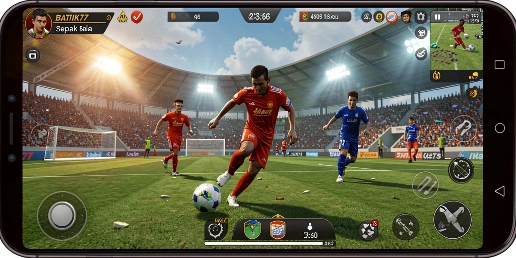 Screenshot gameplay BATIK77 menampilkan aksi seru di lapangan sepak bola.