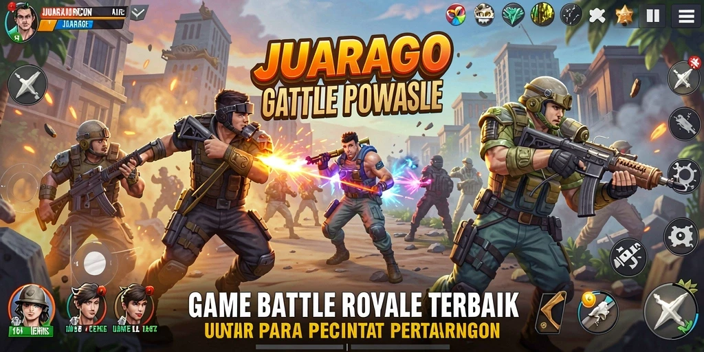 Gameplay JUARAGO menampilkan pertarungan seru antara pemain di arena luas.