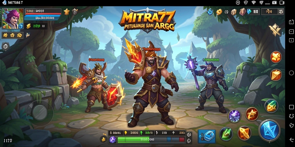 Screenshot gameplay MITRA77 menampilkan aksi pertarungan epik dalam dunia fantasi.