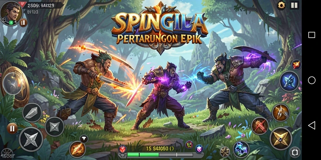 Tangkapan layar utama SPINGILA menampilkan aksi pertarungan yang mendebarkan.